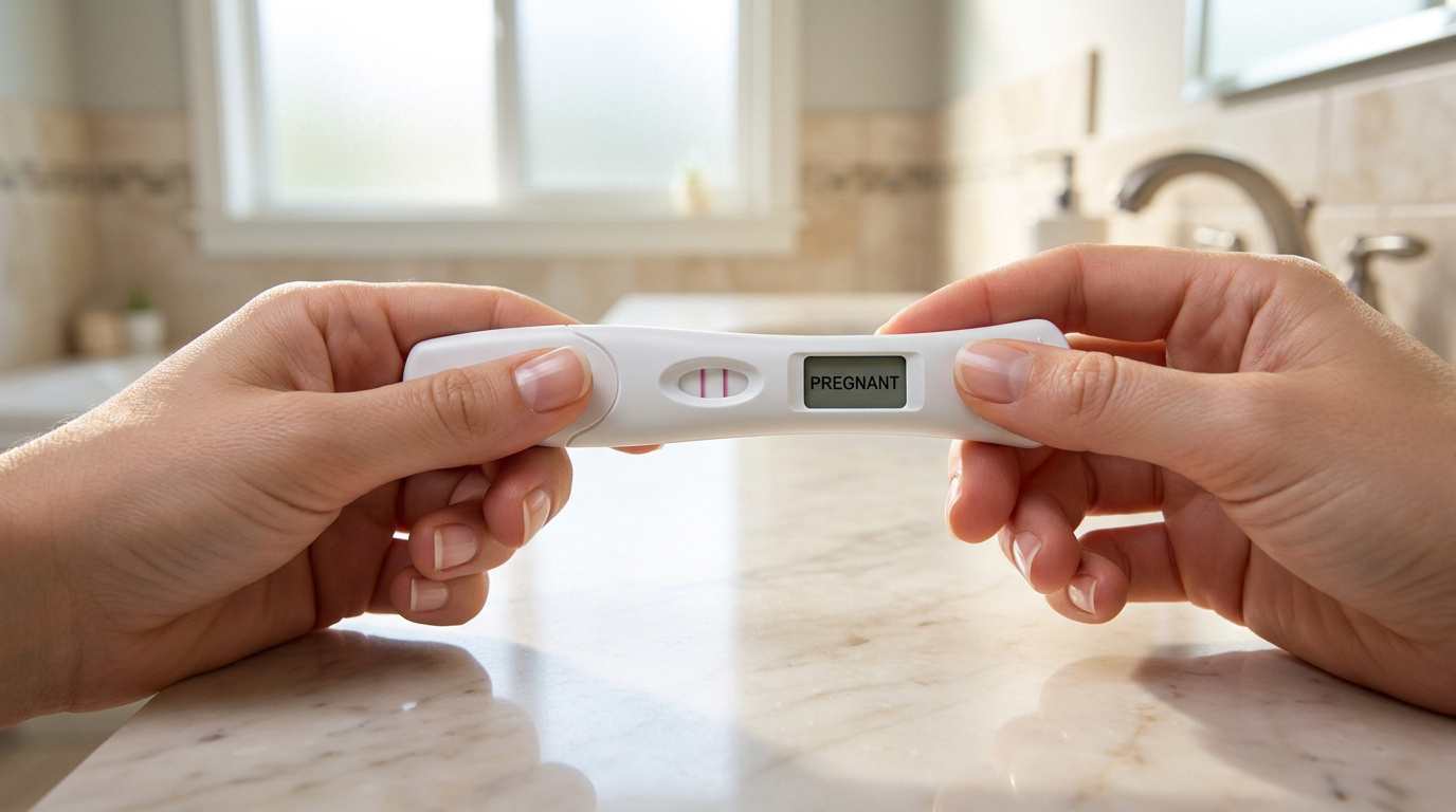 Mains tenant un test de grossesse urinaire affichant un résultat positif avec deux lignes et le mot « PREGNANT ».