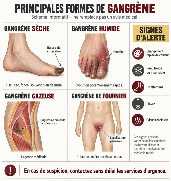 Schéma des formes de gangrainé et des principaux signes d'urgence de la gangrène