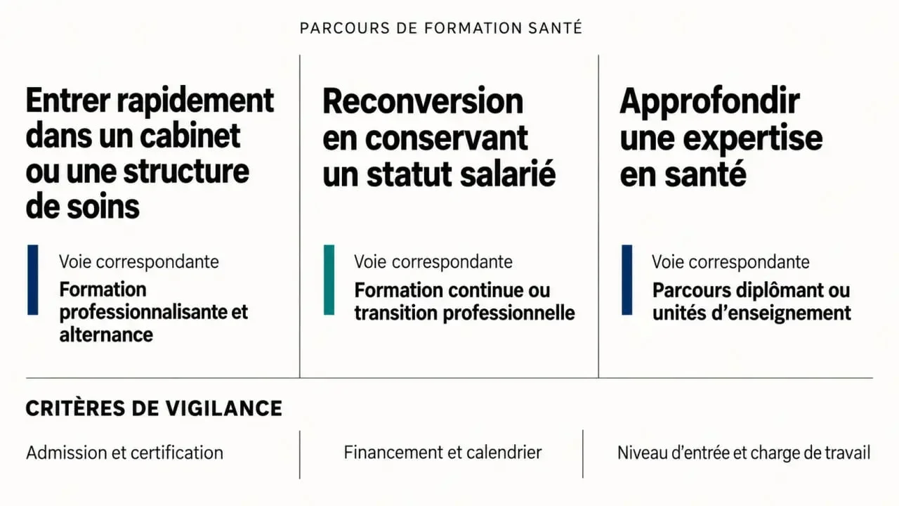 Formation santé : graphique des parcours selon le métier visé, le rythme et le niveau de qualification