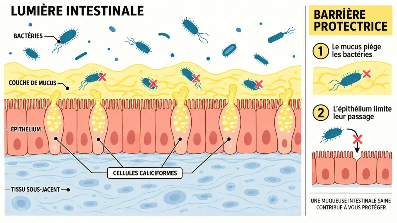 Schéma du mucus intestinal et de la barrière protectrice de la muqueuse