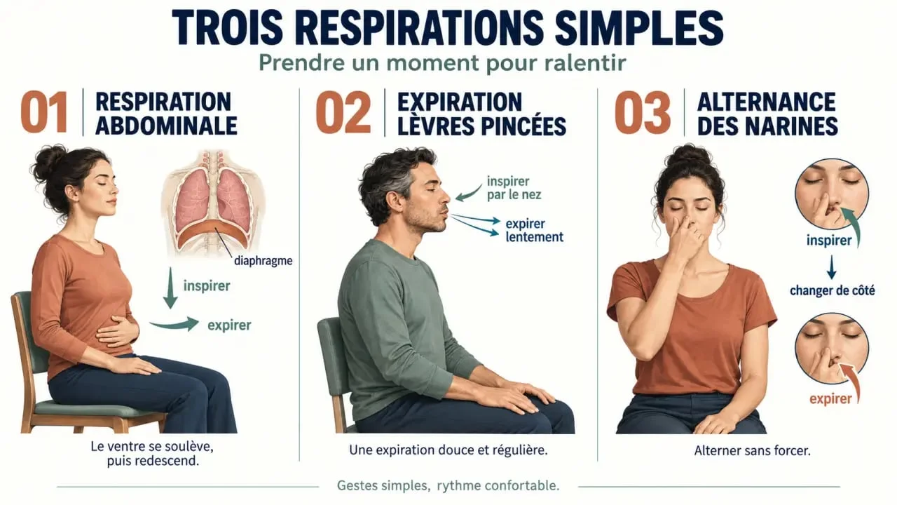 Exercices de respiration abdominale, à lèvres pincées et alternée illustrés pas à pas