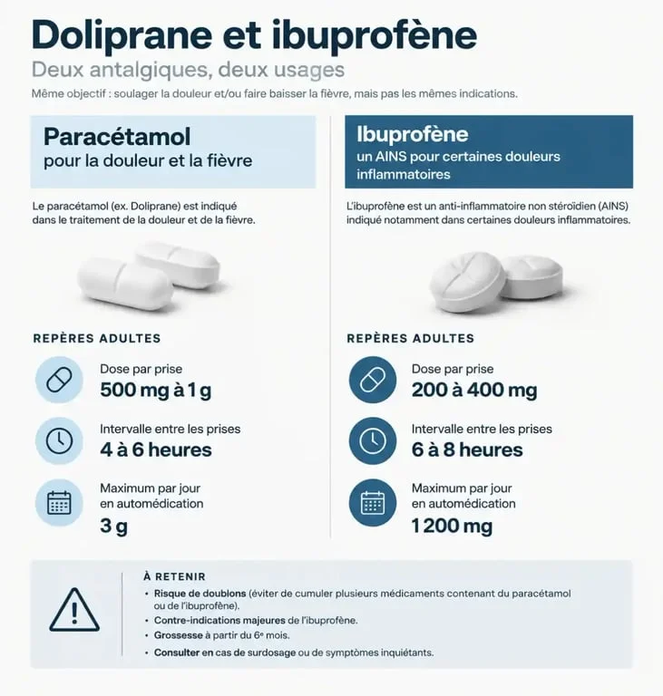 Infographie comparative Doliprane et ibuprofène : doses, intervalles et principales précautions