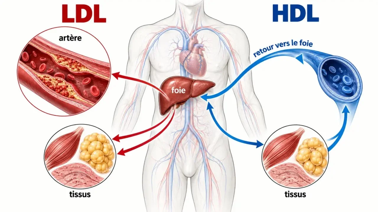 Infographie comparative HDL LDL et transport du cholestérol dans le sang