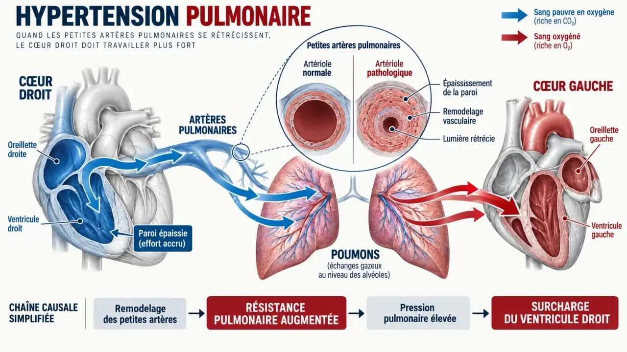 Schéma du mécanisme de l’hypertension pulmonaire et de la surcharge du cœur droit