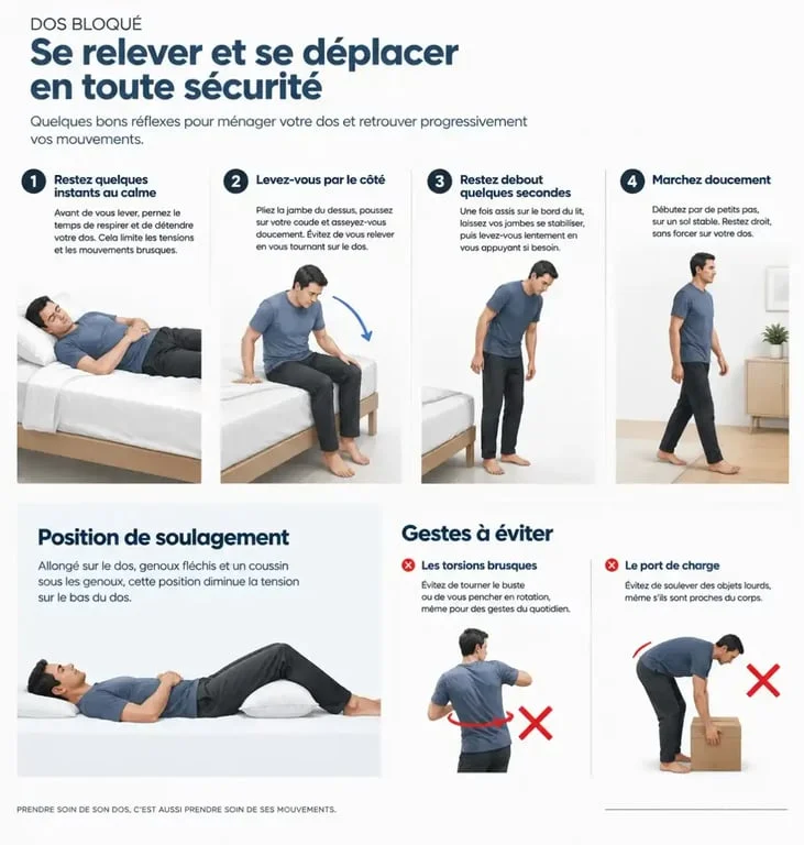 Dos bloqué : positions de soulagement et gestes à éviter pour reprendre le mouvement