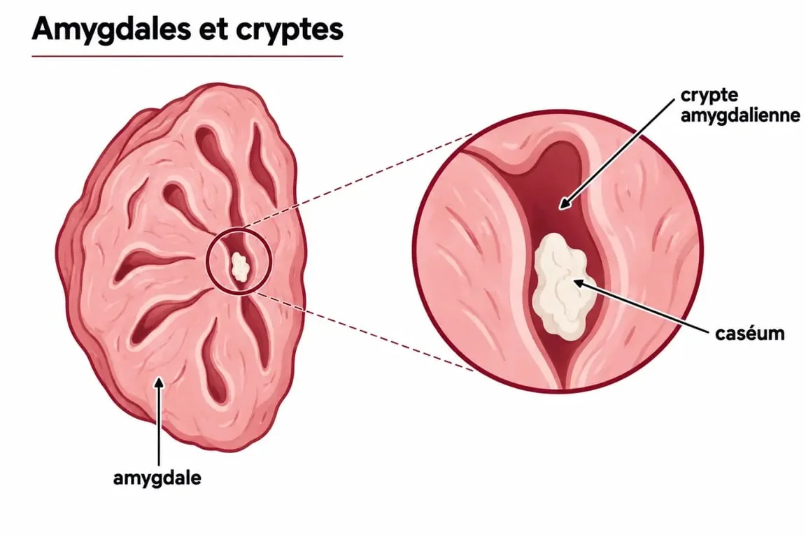 Schéma expliquant un blanc sur les amygdales et la formation du caséum dans les cryptes amygdaliennes