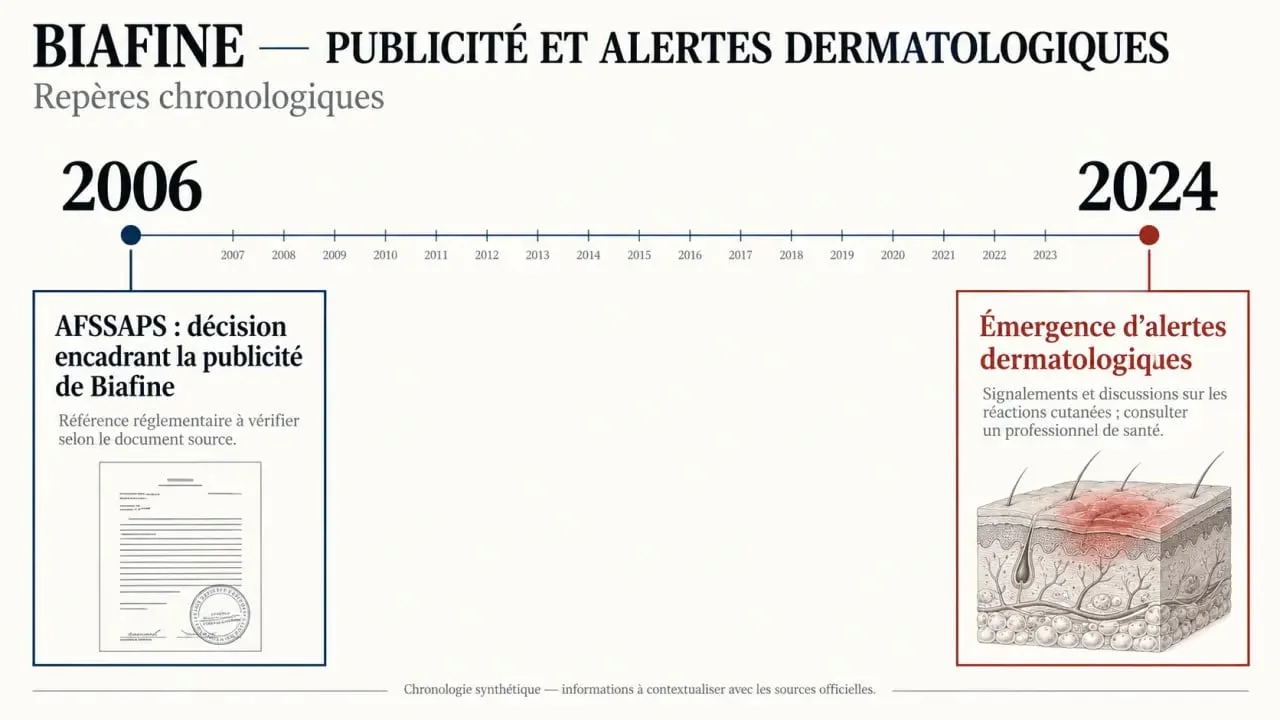 Timeline historique de la réglementation et des alertes sur la Biafine