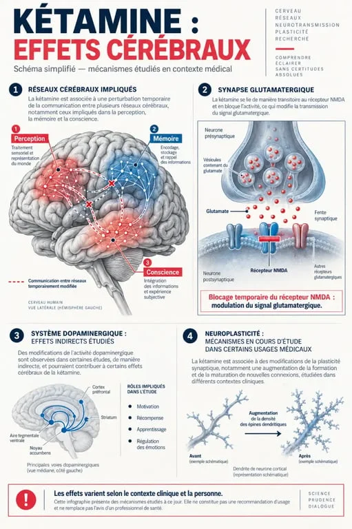 Schéma sur la kétamine effet sur le cerveau et le rôle des récepteurs NMDA