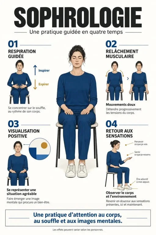 Sophrologie c'est quoi : infographie des principales techniques et étapes d'une séance