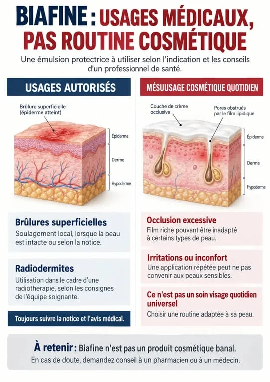 Infographie comparant usage médical et mésusage cosmétique de la Biafine