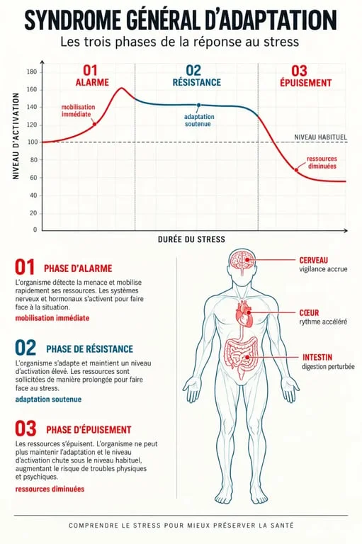 Schéma des effets du stress sur le corps selon les phases alarme résistance épuisement