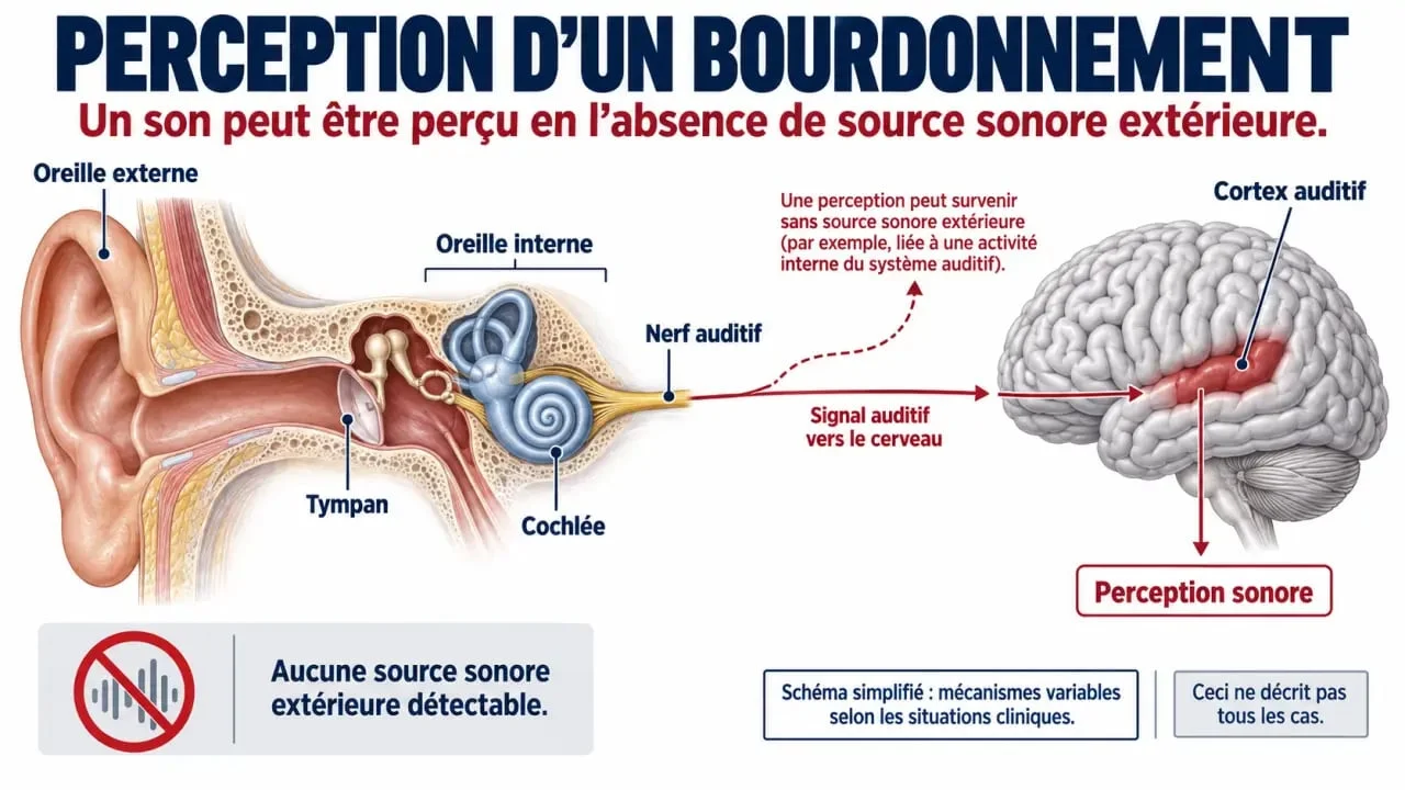 Schéma explicatif du bourdonnement et du trajet auditif de la cochlée au cortex auditif