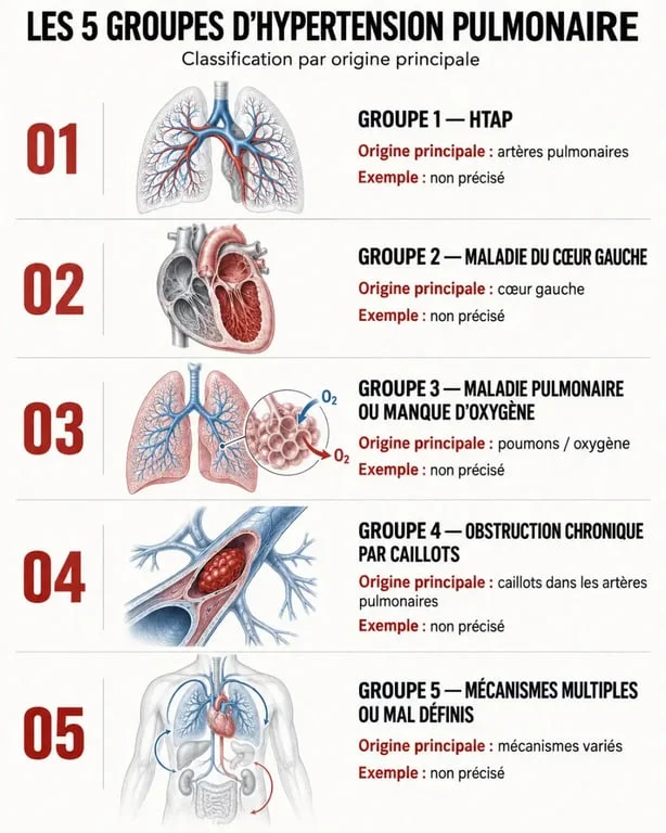 Infographie comparative des cinq groupes d’hypertension pulmonaire