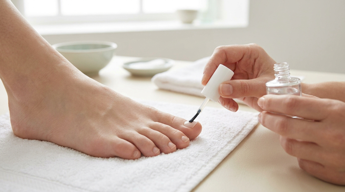 Mains appliquant un vernis de traitement sur l'ongle d'un pied posé sur une serviette blanche.