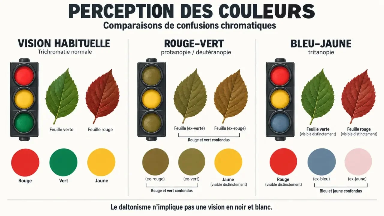 Illustration expliquant la perception des couleurs chez une personne daltonienne et les confusions rouge-vert ou bleu-jaune