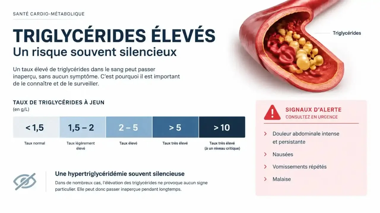 Infographie sur les symptômes et les seuils des triglycérides élevés