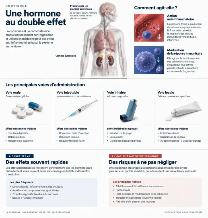 Infographie sur l’effet cortisone, ses mécanismes et ses effets indésirables selon la voie d’administration