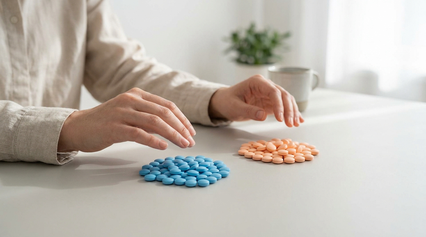 Mains d'une personne posées sur une table devant deux tas de pilules, l'un bleu et l'autre orange.