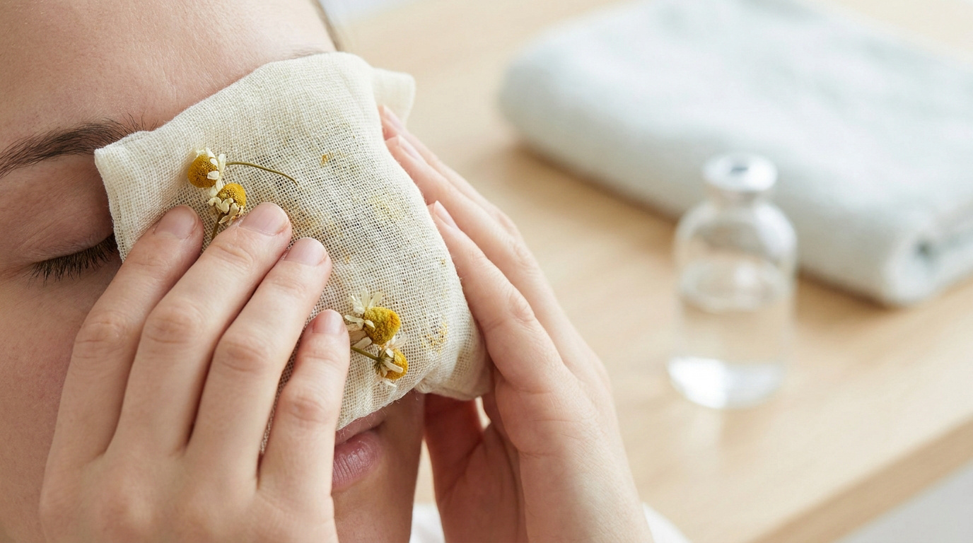 Une personne applique une compresse de camomille sur ses yeux pour soulager une irritation.