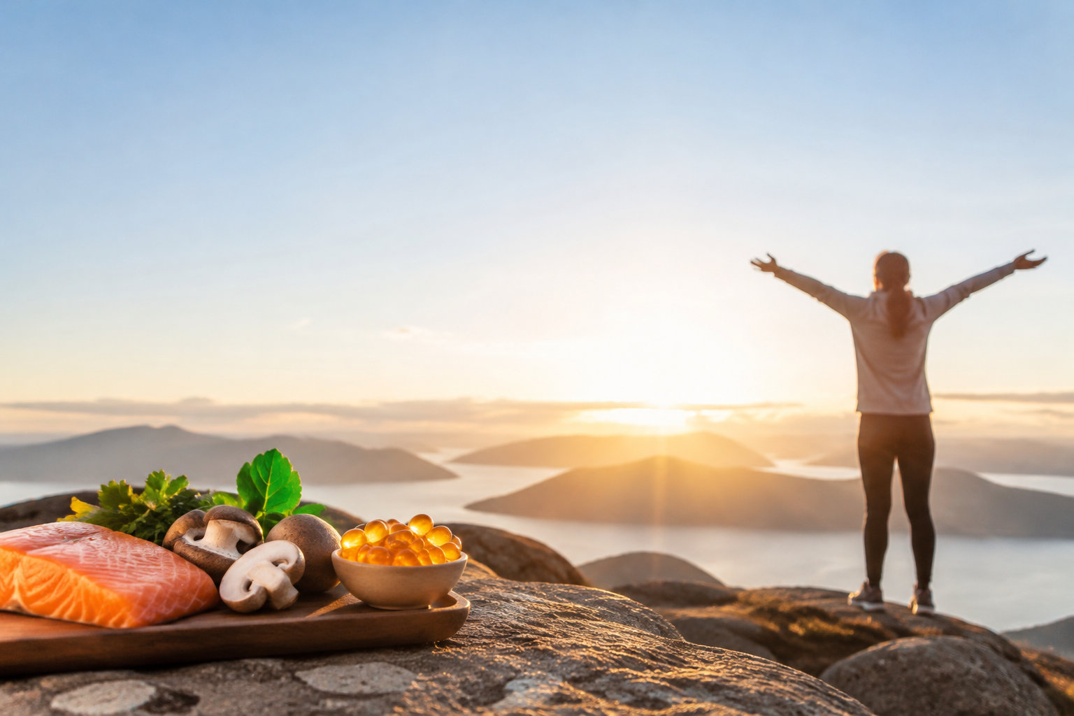 Un plateau d'aliments riches en vitamine D (saumon, champignons) et gélules avec une personne au sommet face au soleil.
