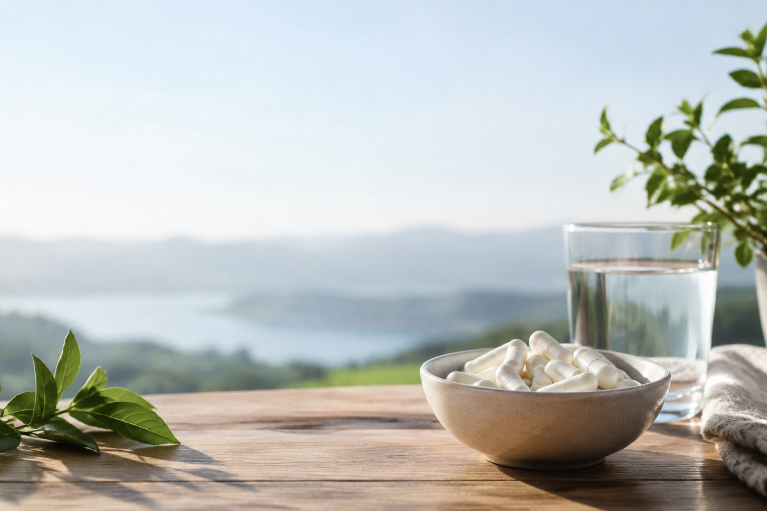 Bol rempli de gélules blanches et un verre d'eau sur une table en bois avec un paysage de montagne en arrière-plan.