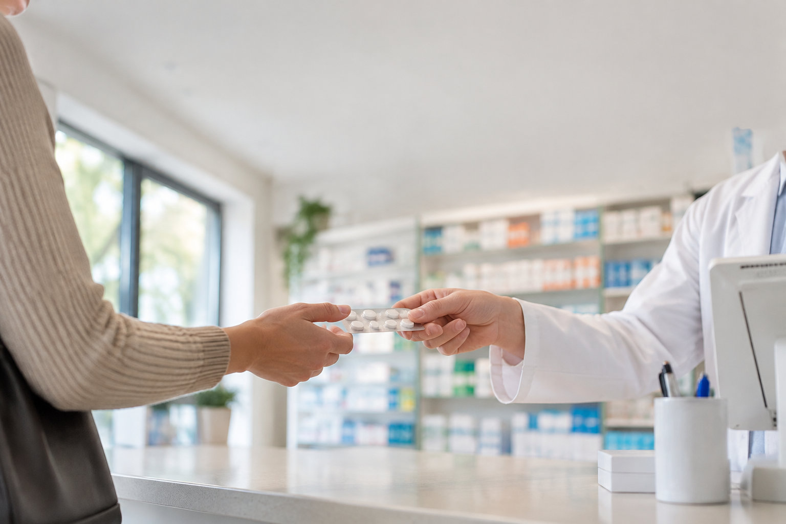 Un pharmacien remet une plaquette de comprimés à une cliente au comptoir d'une pharmacie lumineuse.