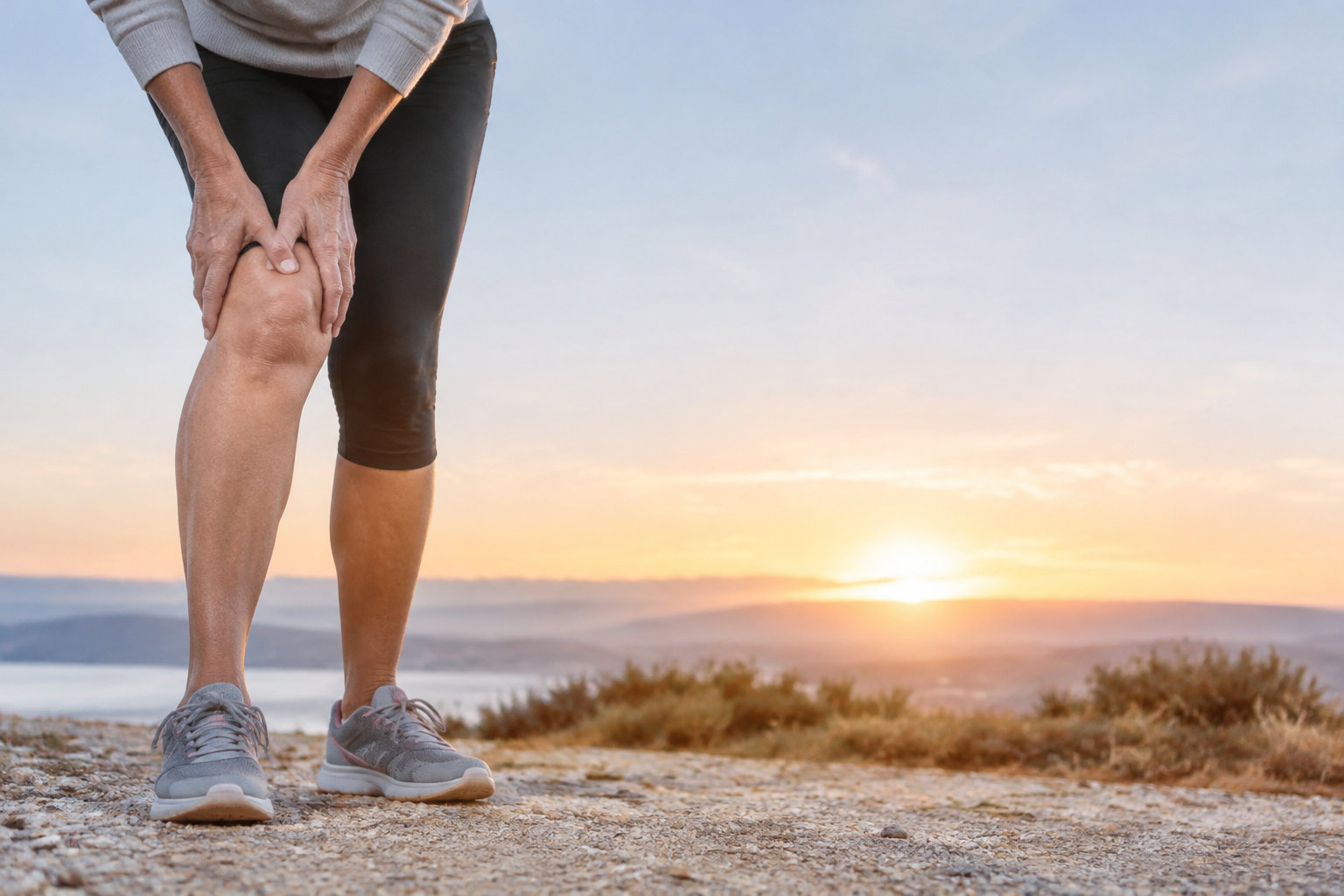 Une personne debout sur un sentier tient son genou douloureux au coucher du soleil, symbolisant l'arthrose.