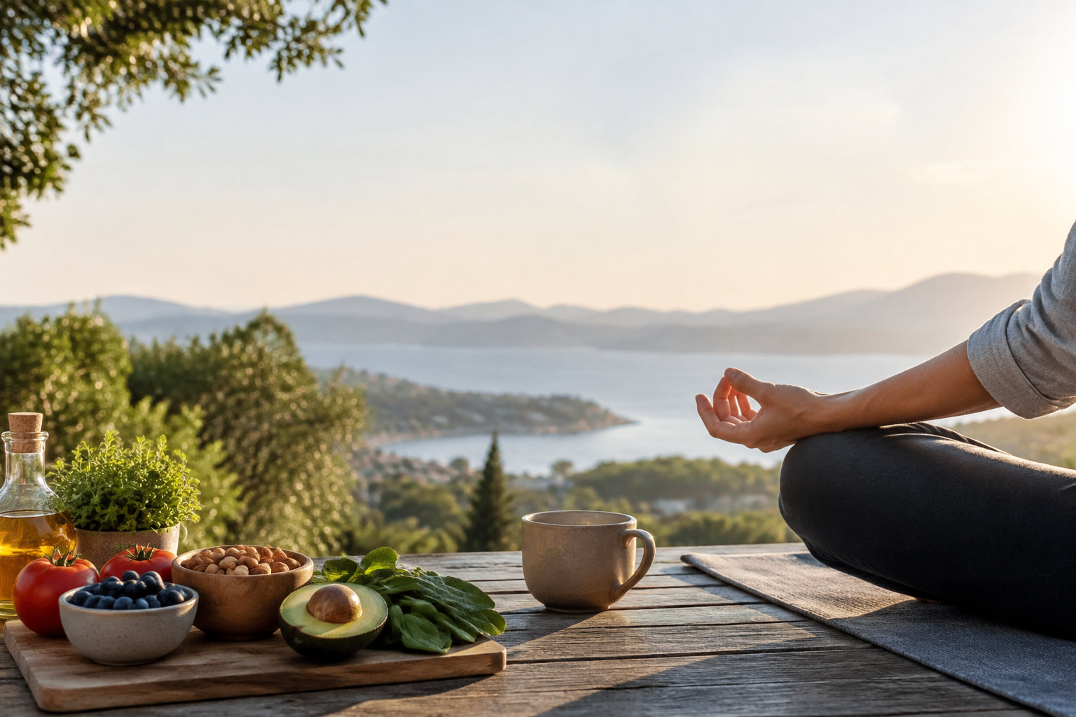 Une personne méditant sur une terrasse avec des aliments sains, face à un paysage marin au coucher du soleil.