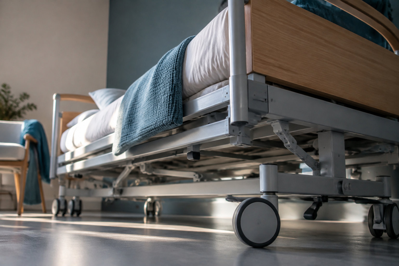 Lit médicalisé moderne avec cadre en bois et structure métallique dans une chambre lumineuse et confortable.