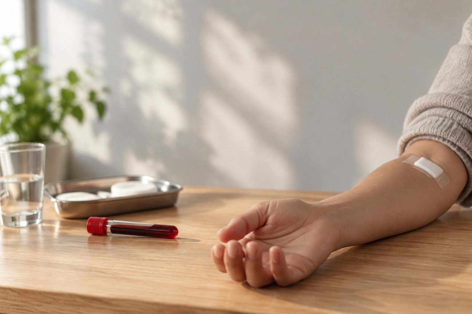 Un bras avec un pansement après une prise de sang posé sur une table avec un tube de prélèvement.