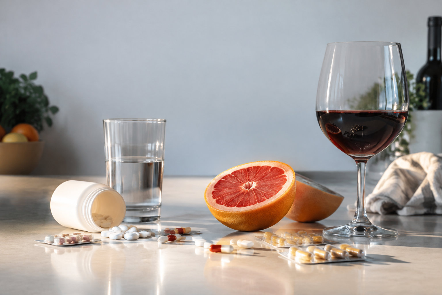 Un verre de vin, un pamplemousse coupé en deux et divers médicaments sur une table de cuisine.