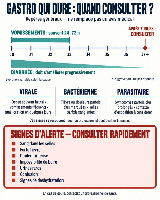 Infographie sur une gastro qui dure : durée habituelle, signes de déshydratation et quand consulter