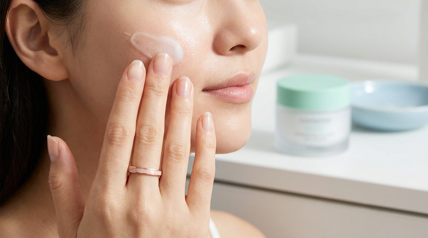 Une femme s'applique une crème hydratante blanche sur la joue, avec un pot de soin flouté en arrière-plan.