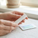 Mains tenant un tube de crème blanche à côté d'un sachet de médicament sur une surface en tissu.