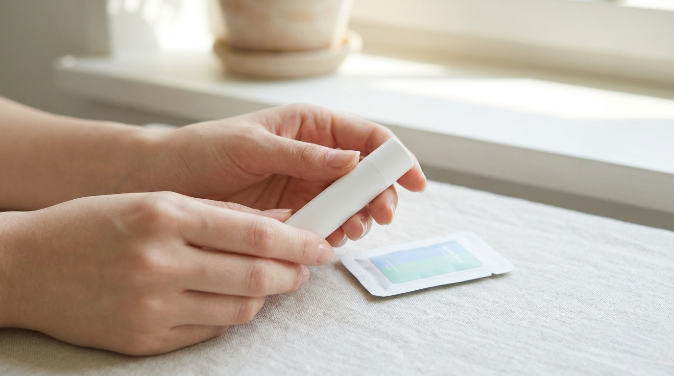 Mains tenant un tube de crème blanche à côté d'un sachet de médicament sur une surface en tissu.