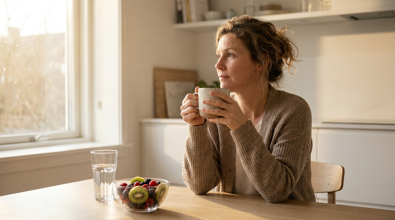 Une femme assise à table dans une cuisine lumineuse, tenant une tasse et regardant par la fenêtre près d'un bol de fruits.