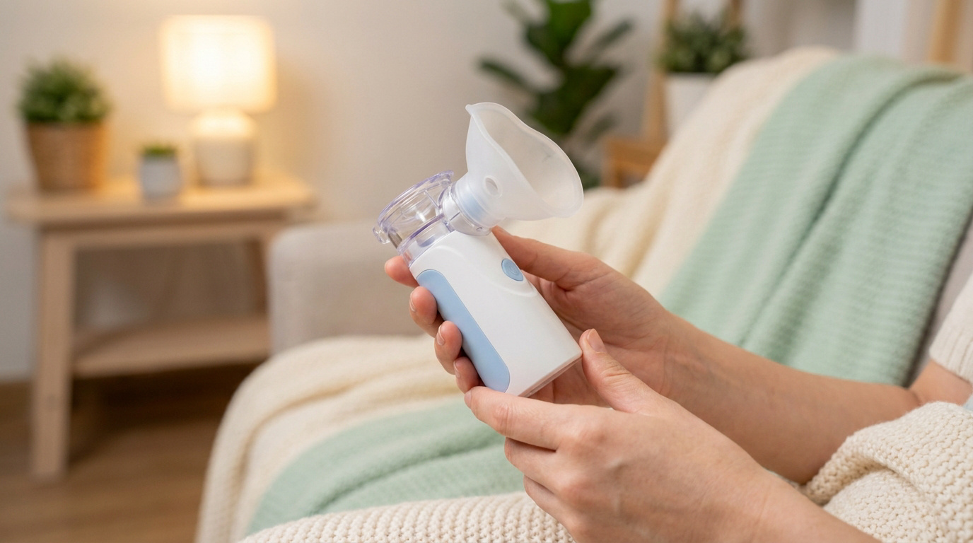 Une personne tient un nébuliseur portable pour bébé dans un intérieur chaleureux et lumineux.