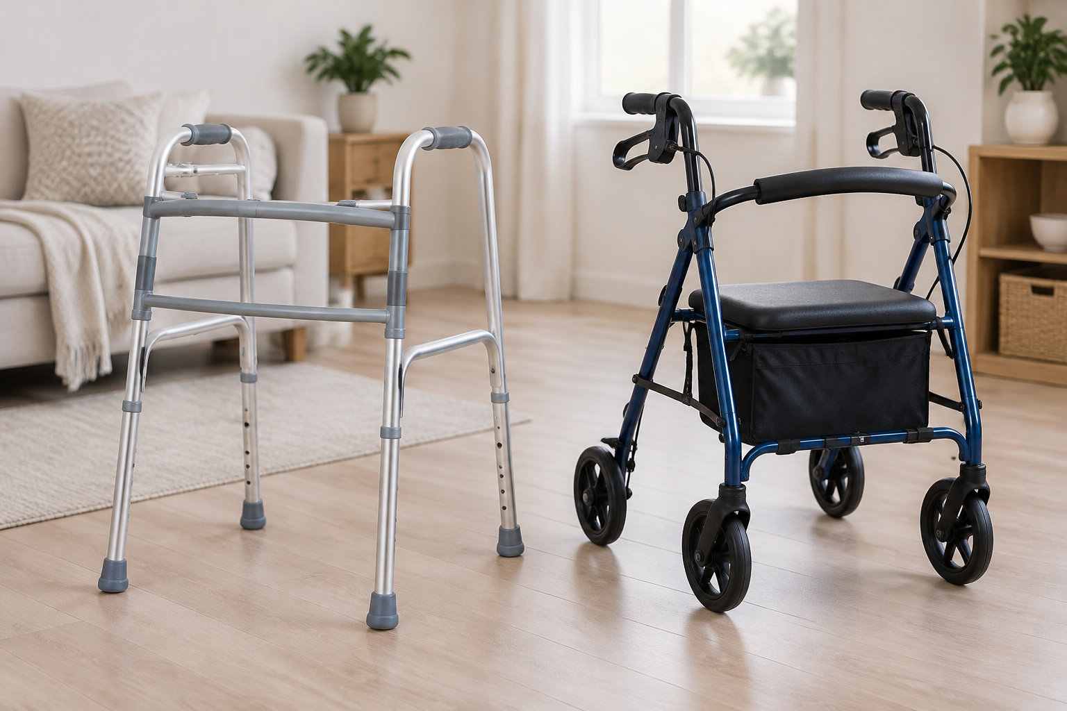 Un déambulateur à quatre pieds et un rollator bleu avec siège et sac sont posés dans un salon lumineux.