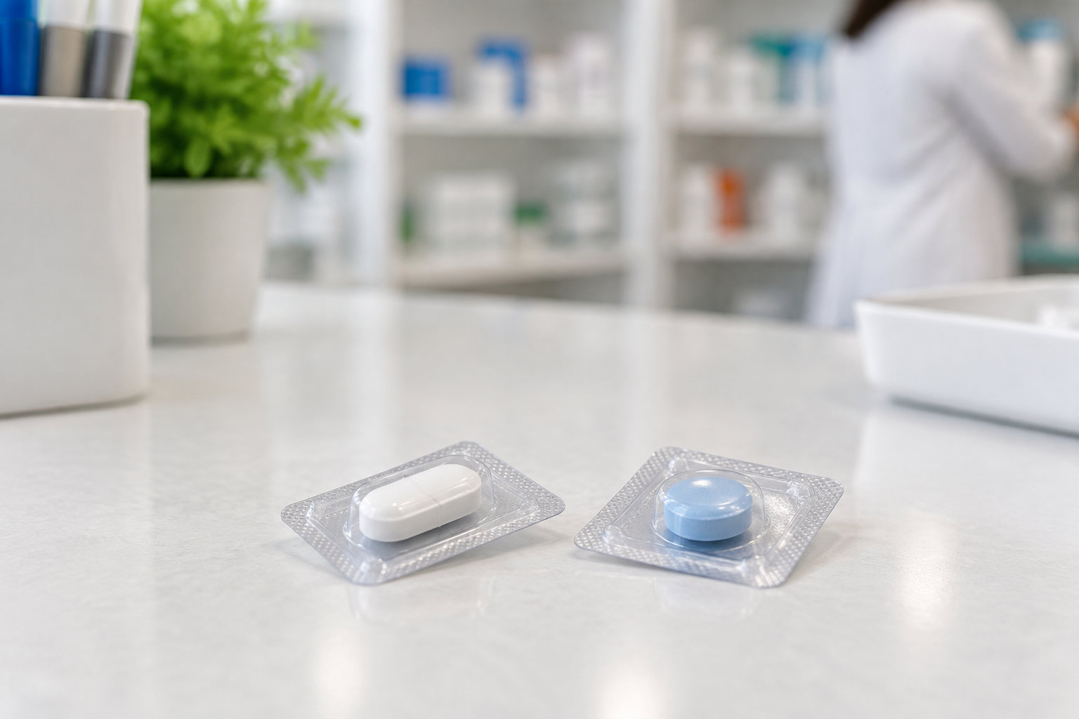 Deux comprimés, l’un blanc et l’autre bleu, sont emballés séparément sous blister sur un comptoir, avec une personne en blouse blanche et des étagères floues en arrière-plan.