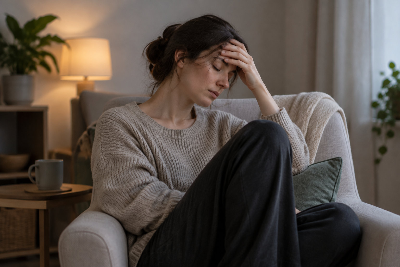 Une femme assise sur un fauteuil, les yeux fermés et une main posée sur le front, se tient près d’une table avec une tasse et d’une lampe allumée.