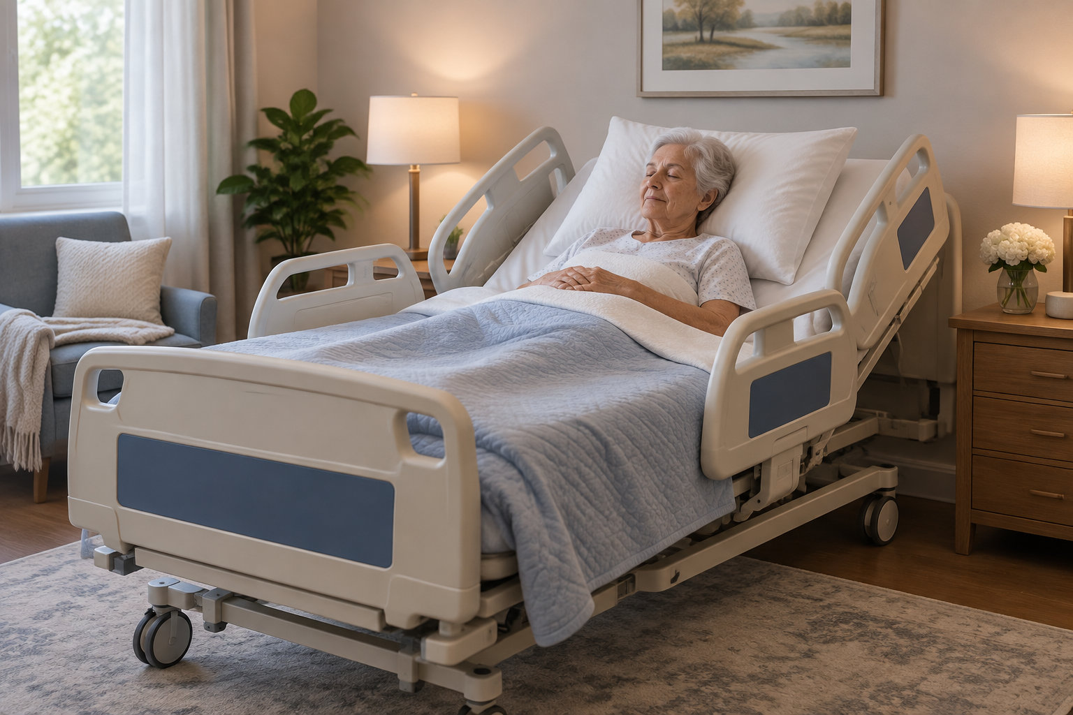 Une femme âgée repose dans un lit médicalisé, dans une chambre aménagée avec un fauteuil, des tables de chevet et des lampes.