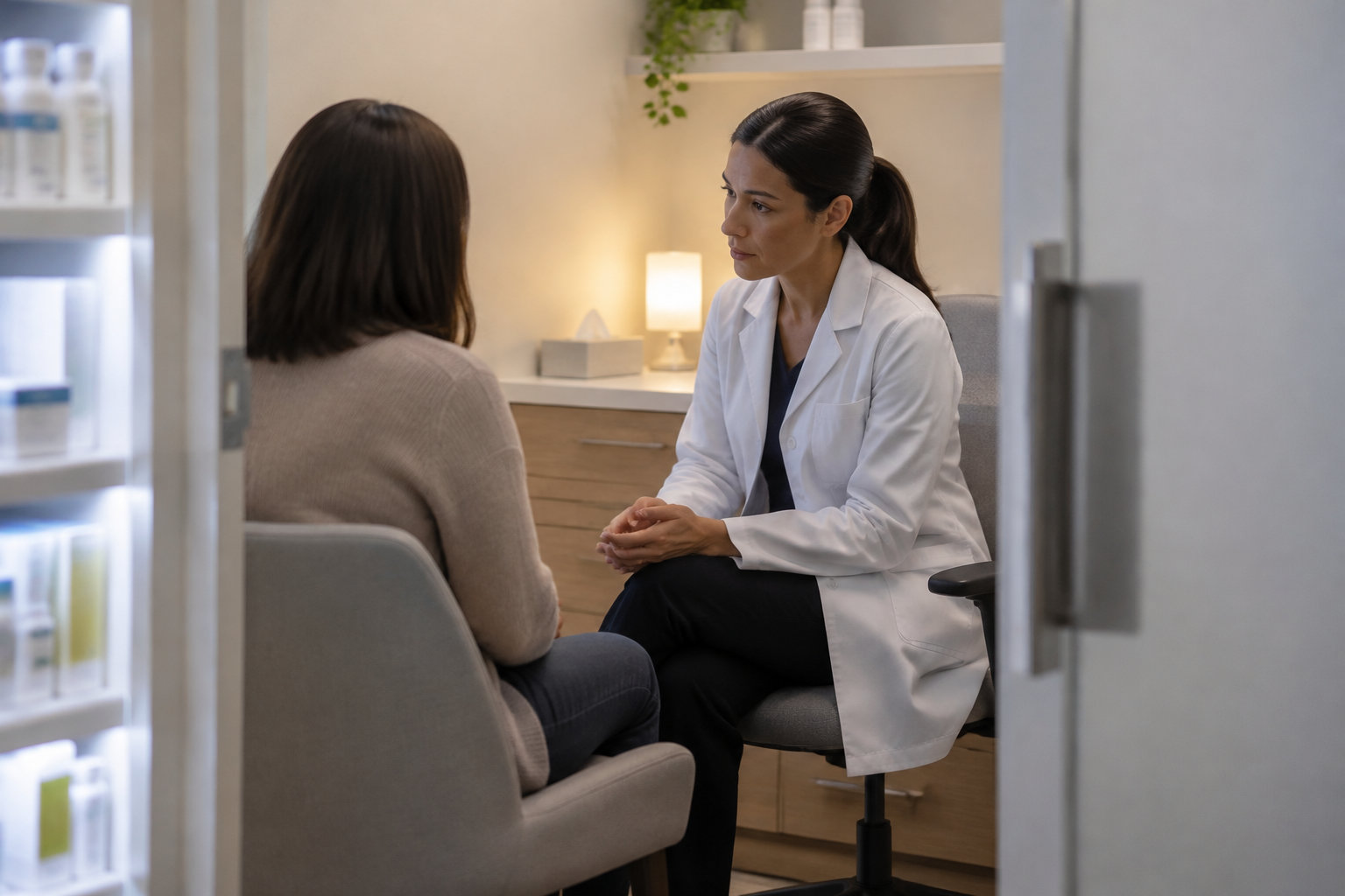Une professionnelle en blouse blanche, assise face à une patiente, échange avec elle dans un cabinet de consultation.