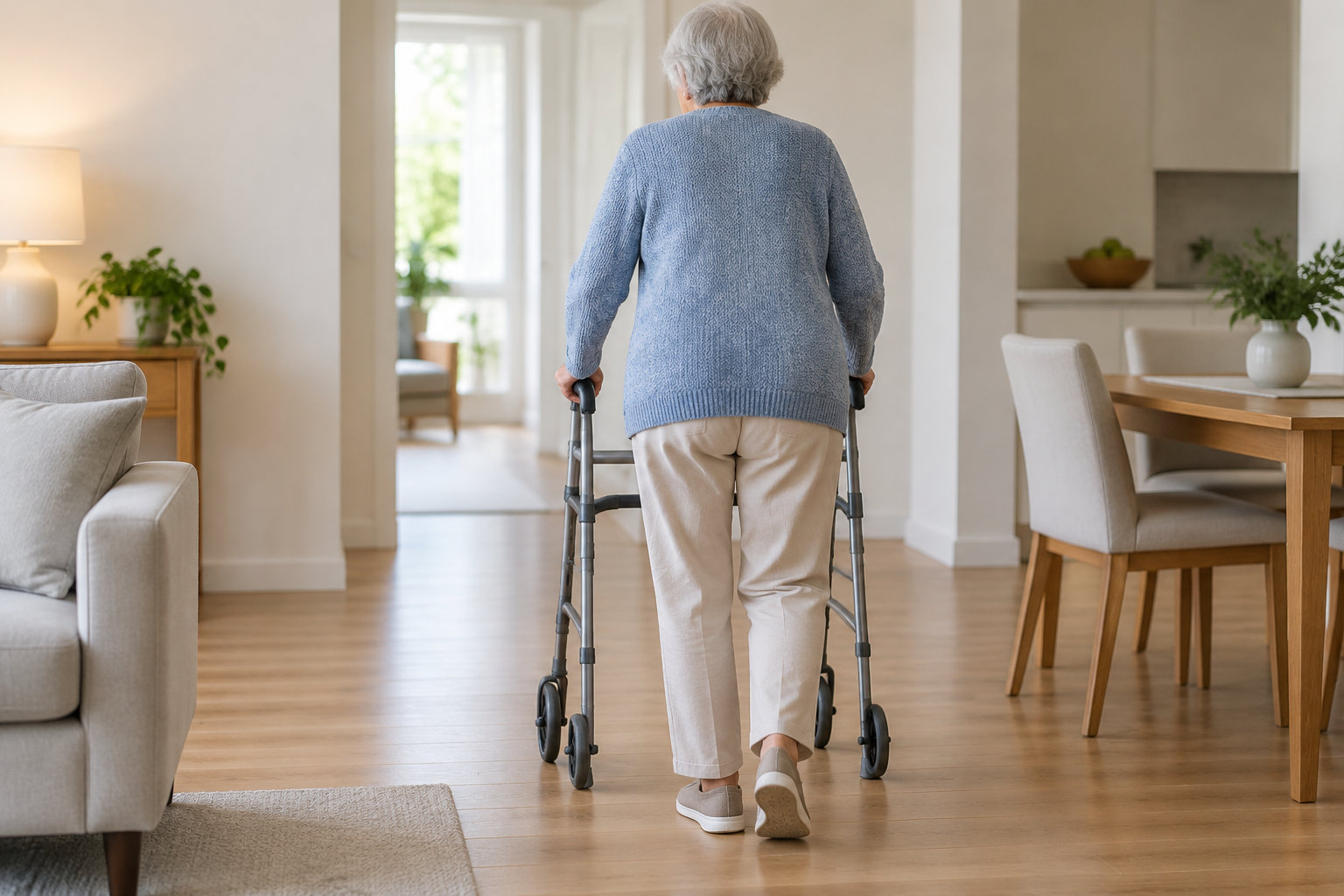 Une personne âgée marche avec un déambulateur dans un intérieur lumineux aménagé en salon et salle à manger.