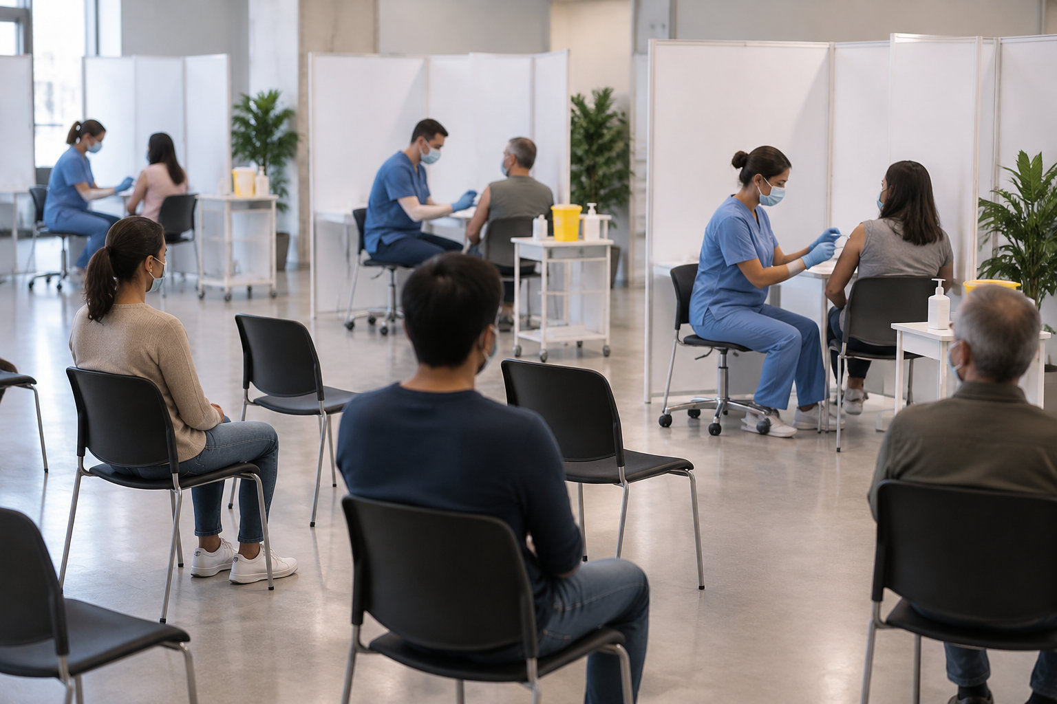Des soignants masqués administrent des injections à des patients dans un centre de vaccination où d’autres personnes attendent assises.