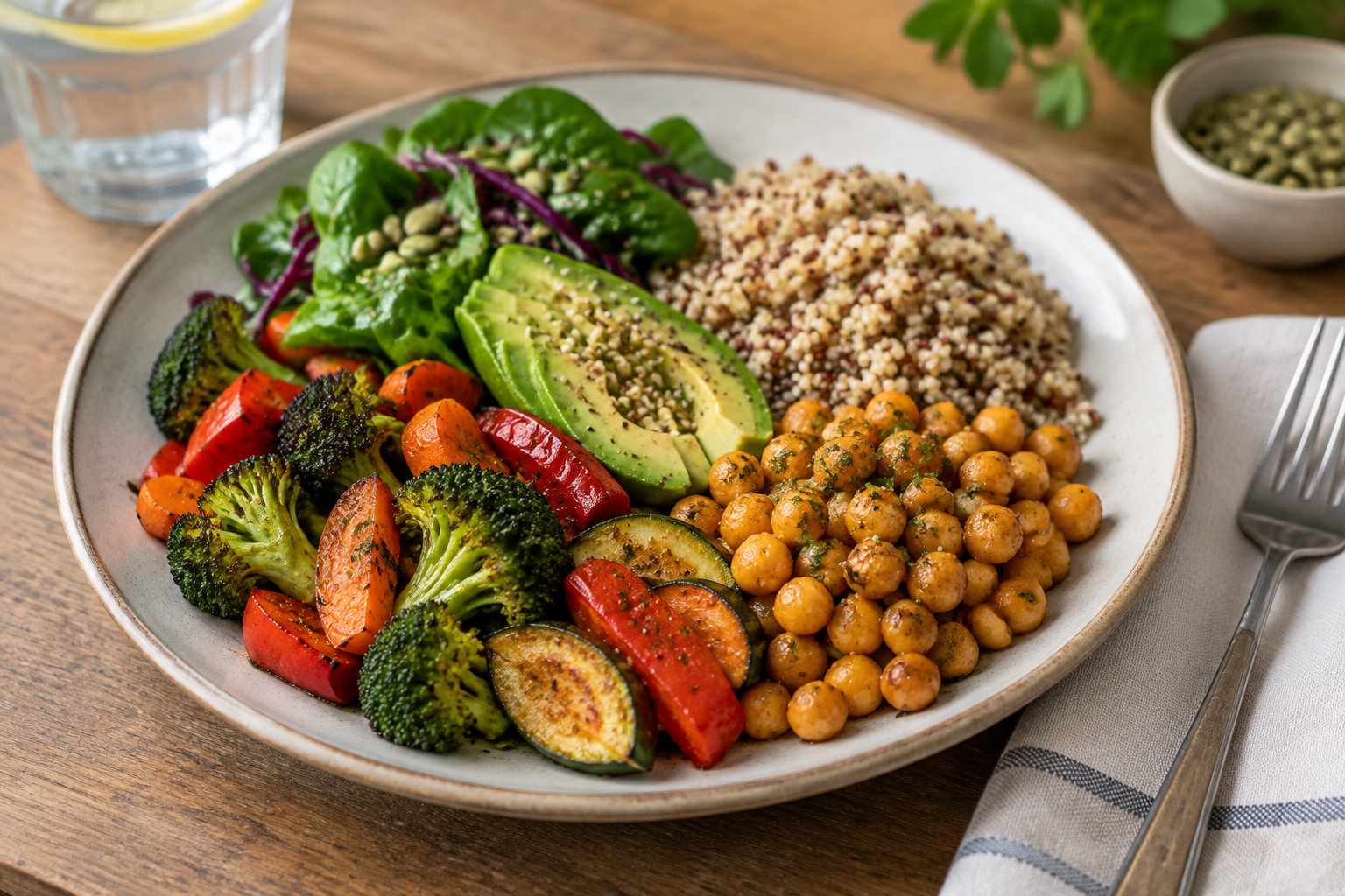 Une assiette composée de quinoa, de pois chiches, d’avocat, de légumes rôtis et de salade est posée sur une table en bois.