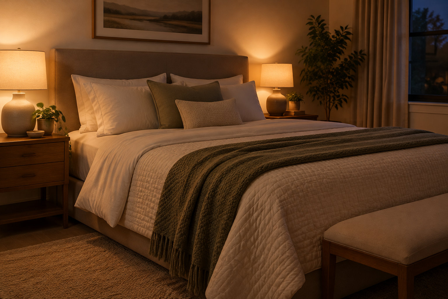 Une chambre chaleureuse avec un grand lit aux draps beiges, des lampes de chevet allumées, des plantes et un banc au pied du lit.