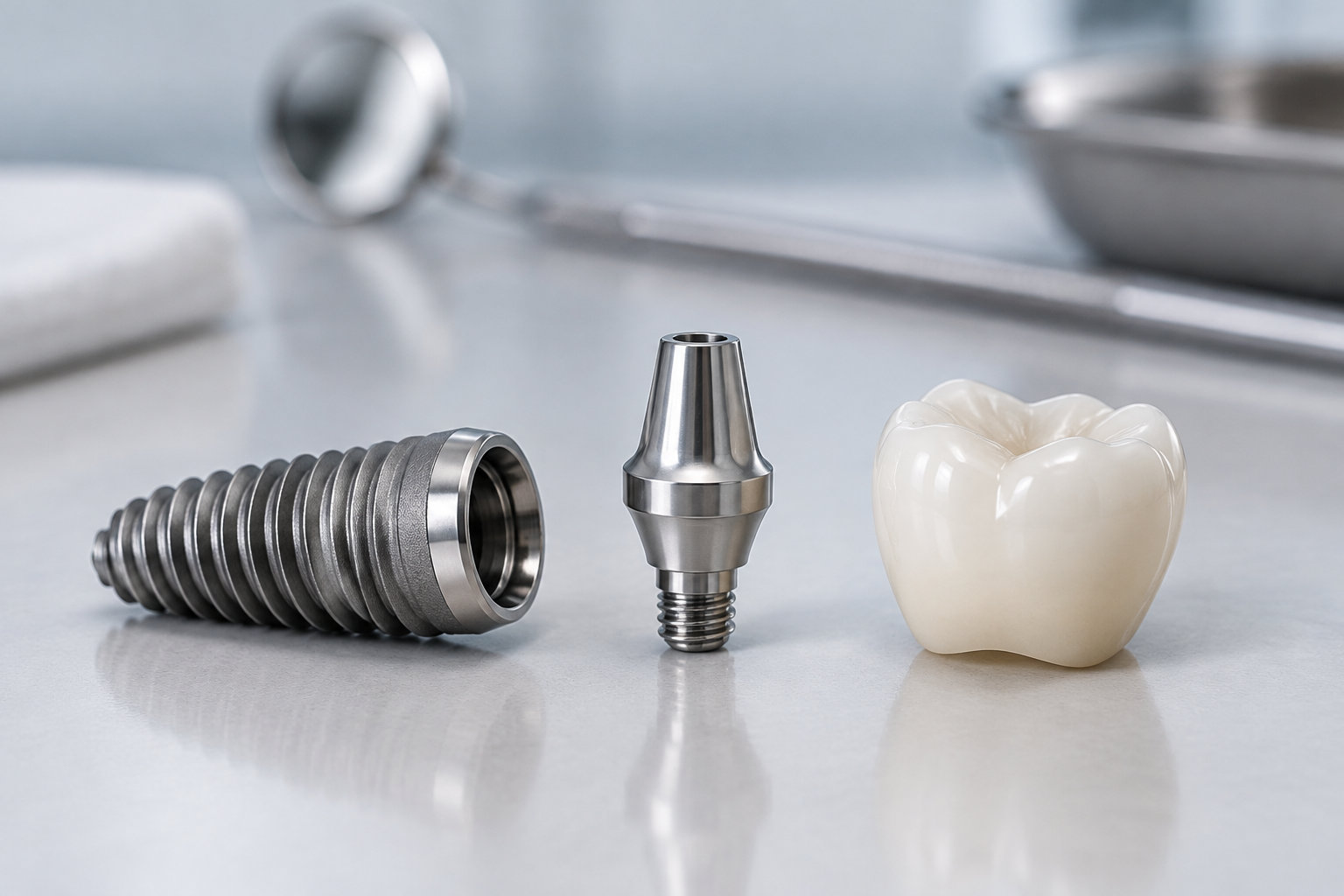 Un implant dentaire métallique, un pilier et une couronne en céramique sont posés sur une surface claire.