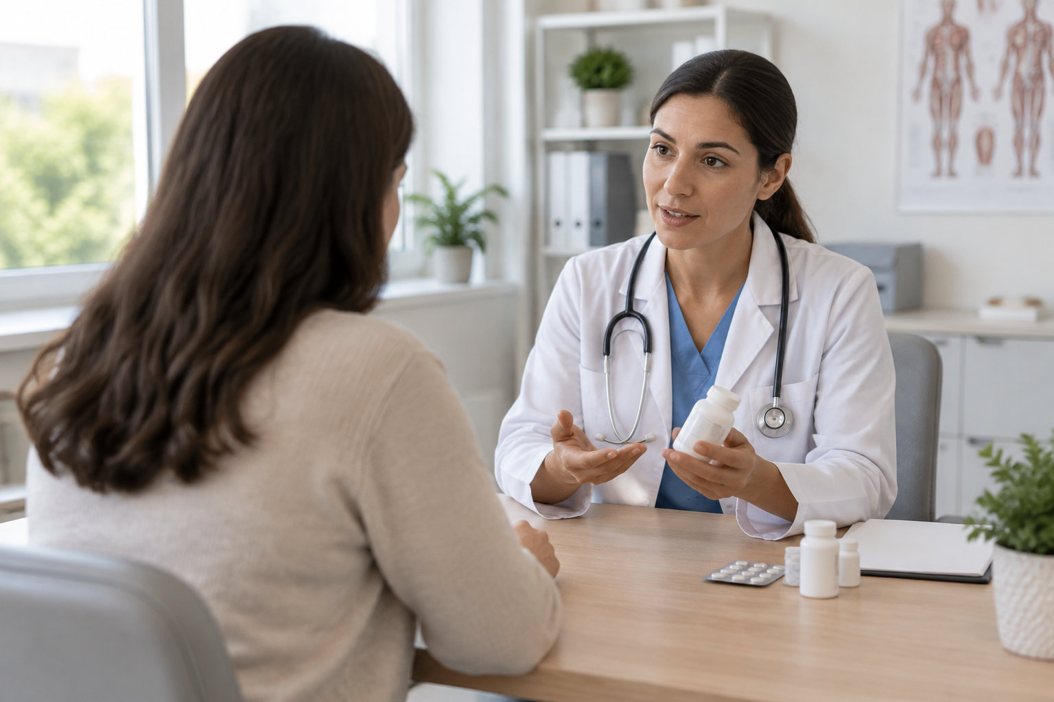 Une médecin en blouse blanche, avec un stéthoscope, parle à une patiente et lui montre un flacon de médicaments dans un cabinet médical.