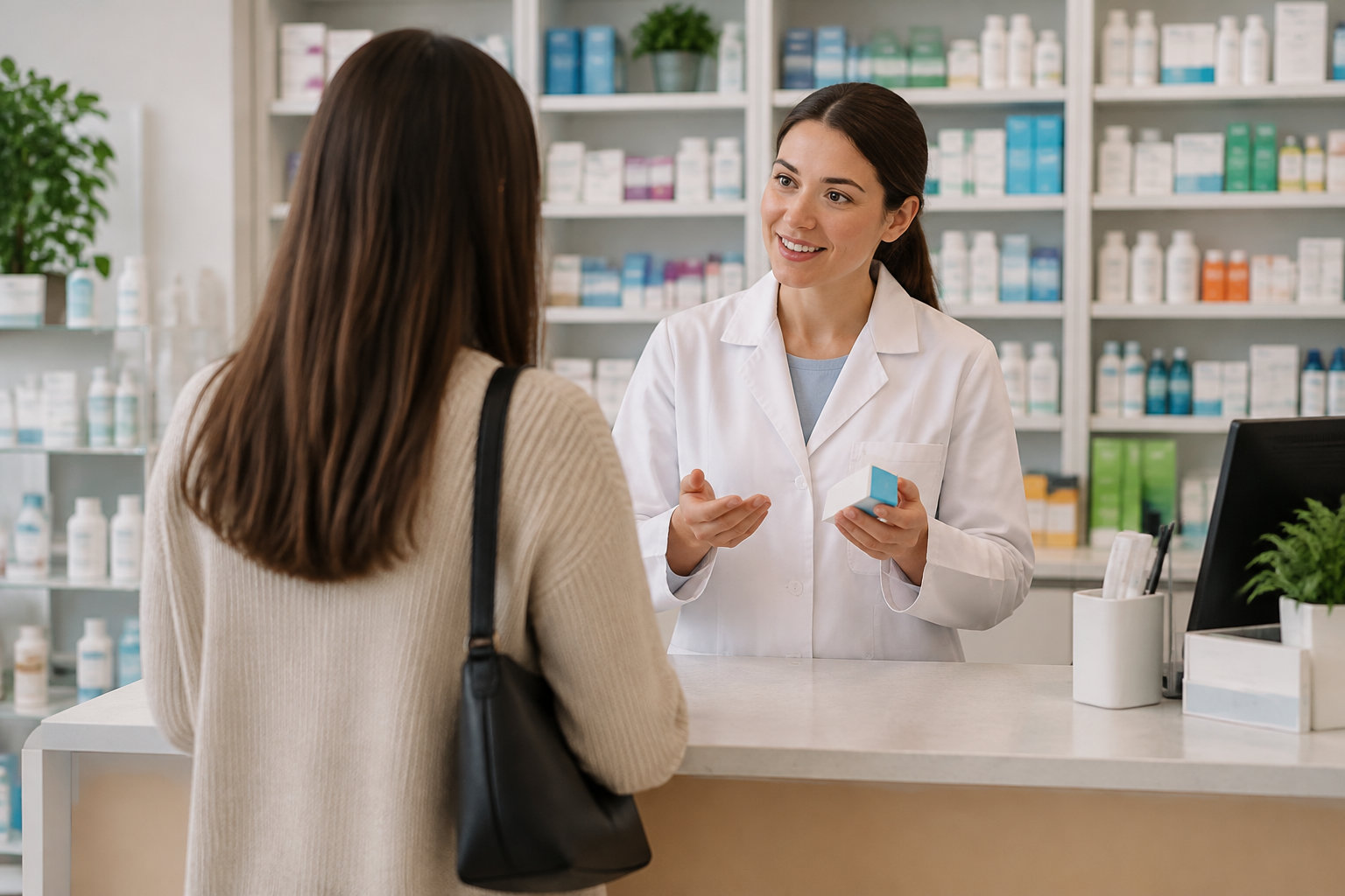 Une pharmacienne en blouse blanche échange avec une cliente au comptoir, en lui montrant une petite boîte bleue, avec des produits rangés sur des étagères derrière elle.