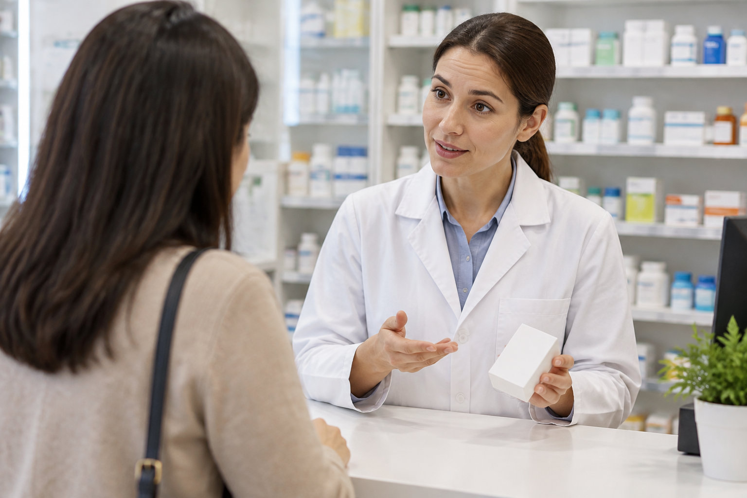 Une pharmacienne en blouse blanche présente une boîte blanche à une cliente au comptoir, devant des étagères de médicaments.
